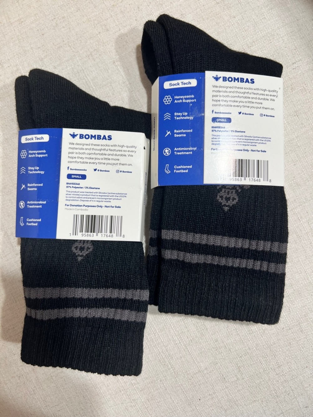 Bombas Black Crew Socks with Gray Stripes Woman’s Small Lot of 2 pairs - Picture 2 of 5